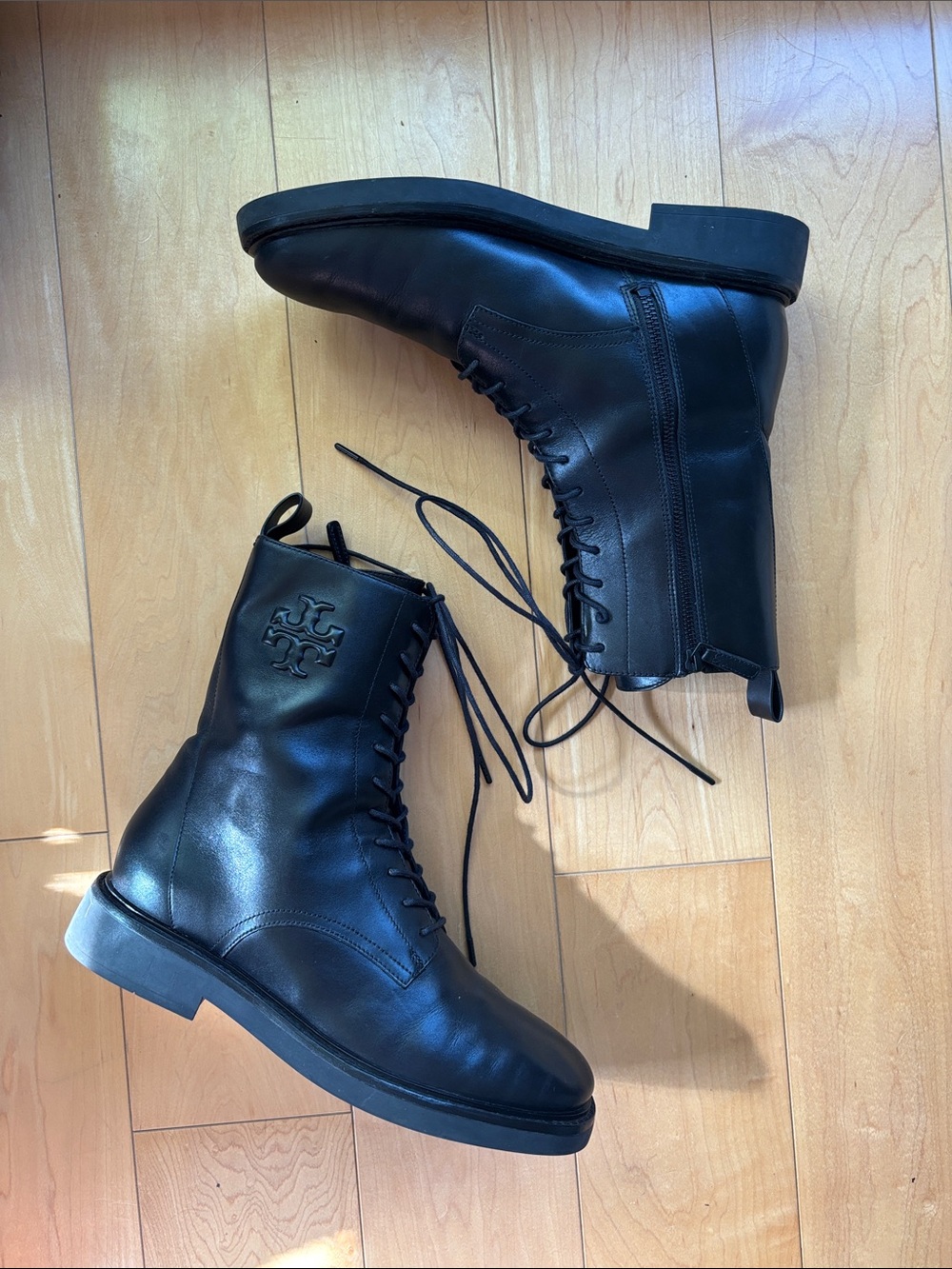 Tory Burch Women’s Black Leather Lace-Up Ankle Boots with Side Zip